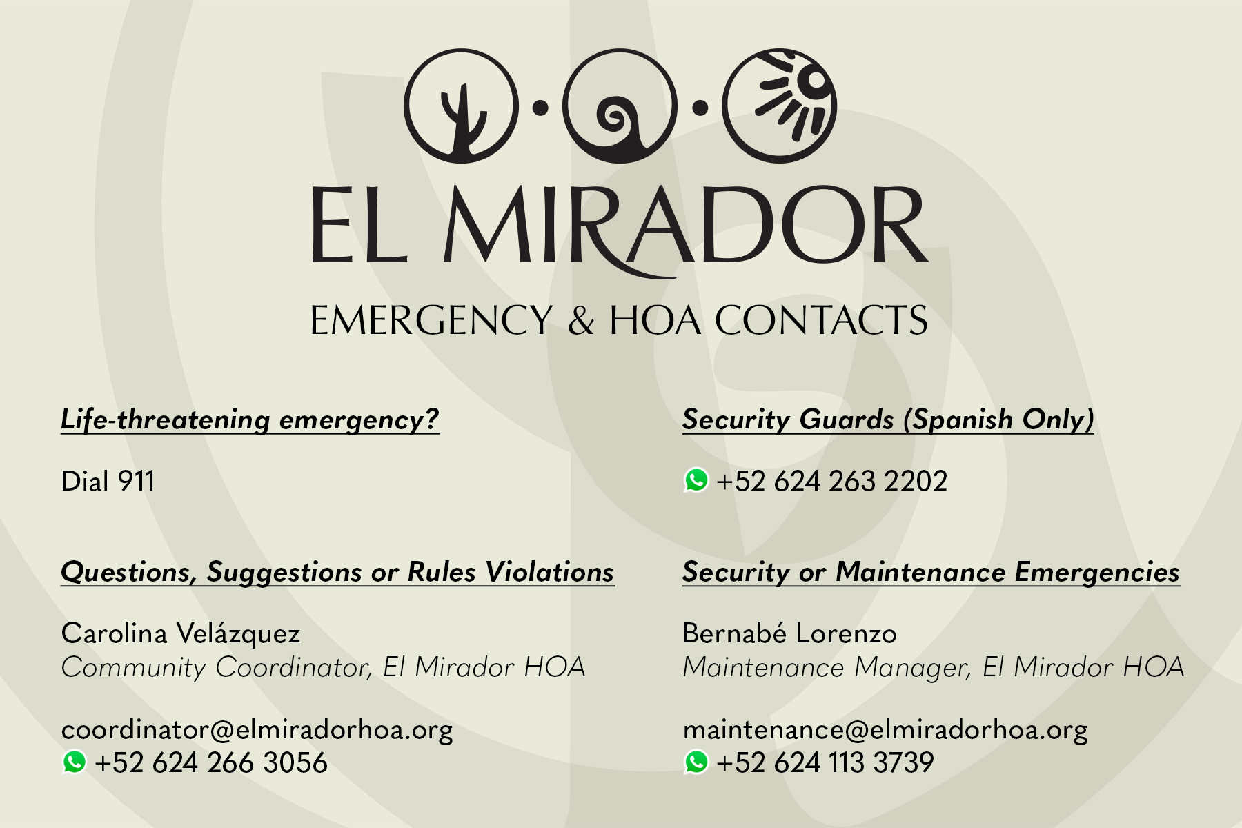 Contacts El Mirador Condominiums